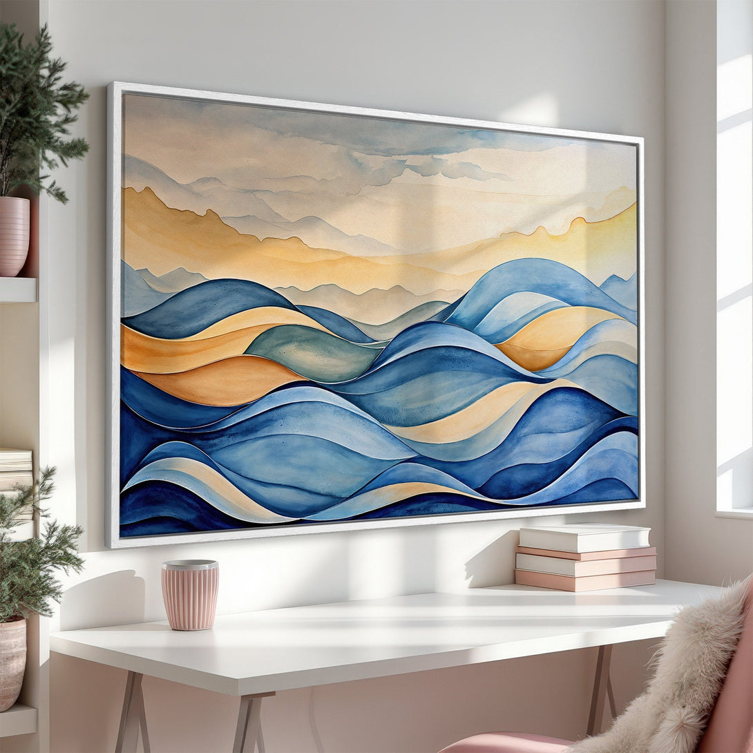 Framed Wall Art: Abstract watercolor waves in blue, gold, and beige. Modern art print for home decor. Enhance your space with this calming canvas.