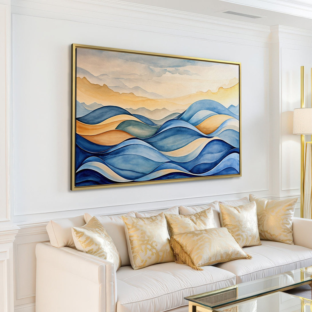 Canvas Print of abstract watercolor waves in blue and gold, perfect for adding a touch of coastal calm to your home.