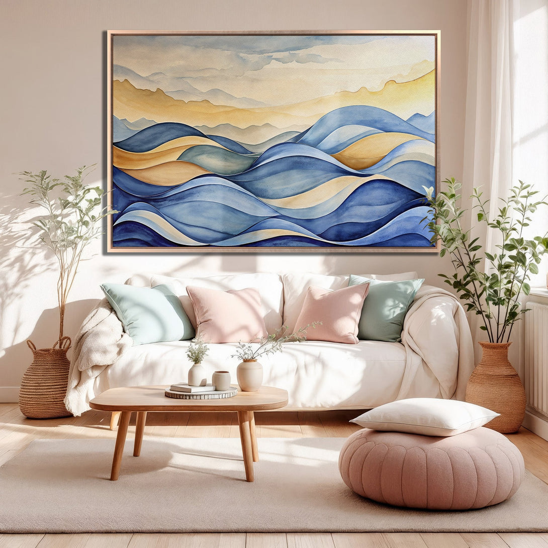 Framed Wall Art: Abstract watercolor landscape in blue, yellow, and beige tones. Modern art for living room decor.
