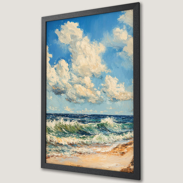 Framed Poster of a beach landscape painting in a vibrant blue, beige, and white color palette. Perfect wall art for coastal decor.