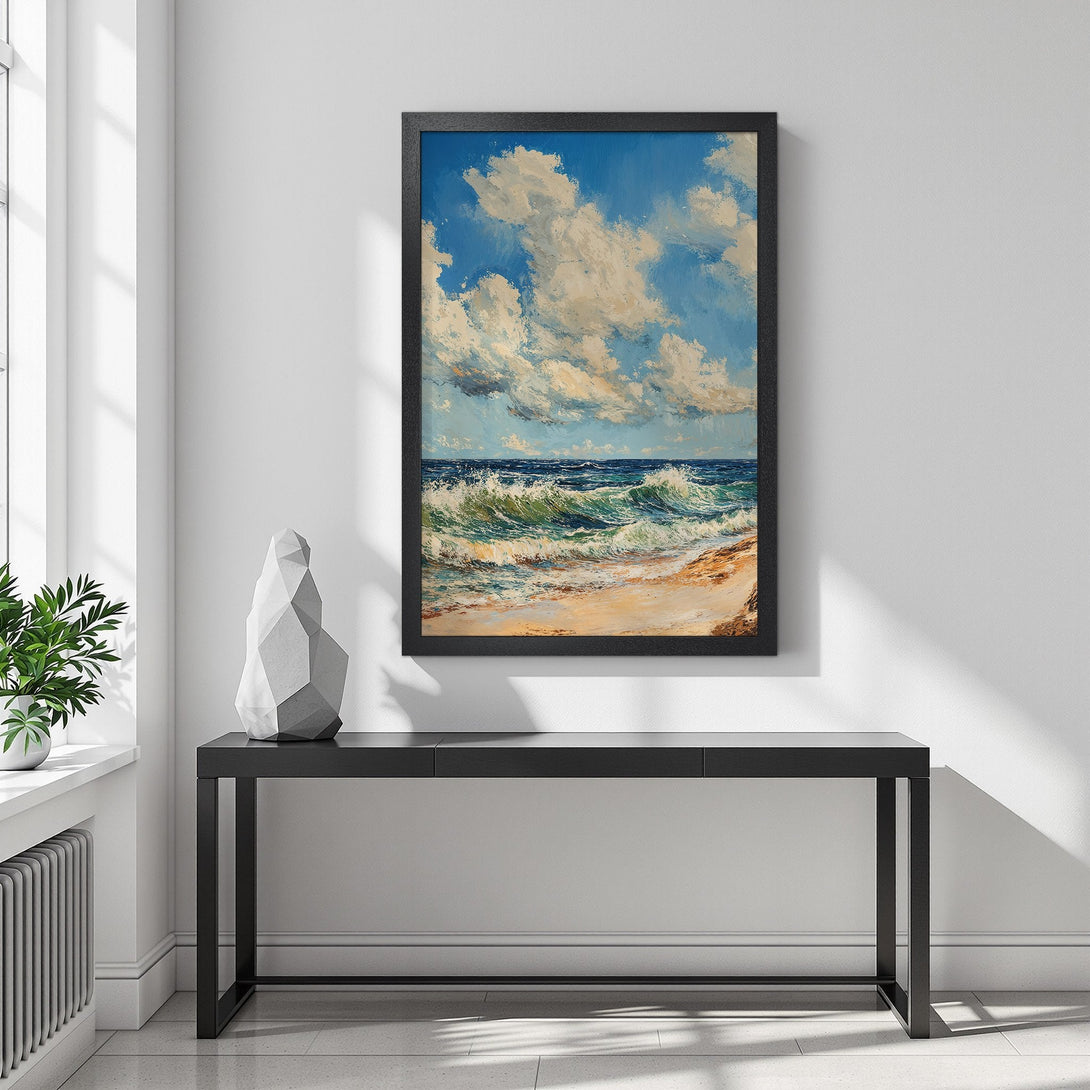 Framed Poster of a beach scene, painted in an impressionistic style with blue, white, and tan color palette. Enhance your space with art!