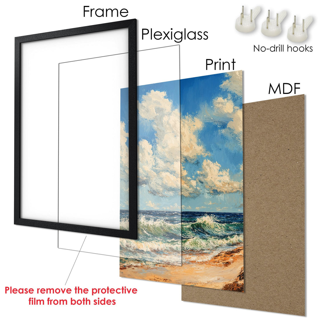 Framed Poster of a beach scene with blue sky and ocean, in a black frame. A beautiful artwork with a warm color palette.