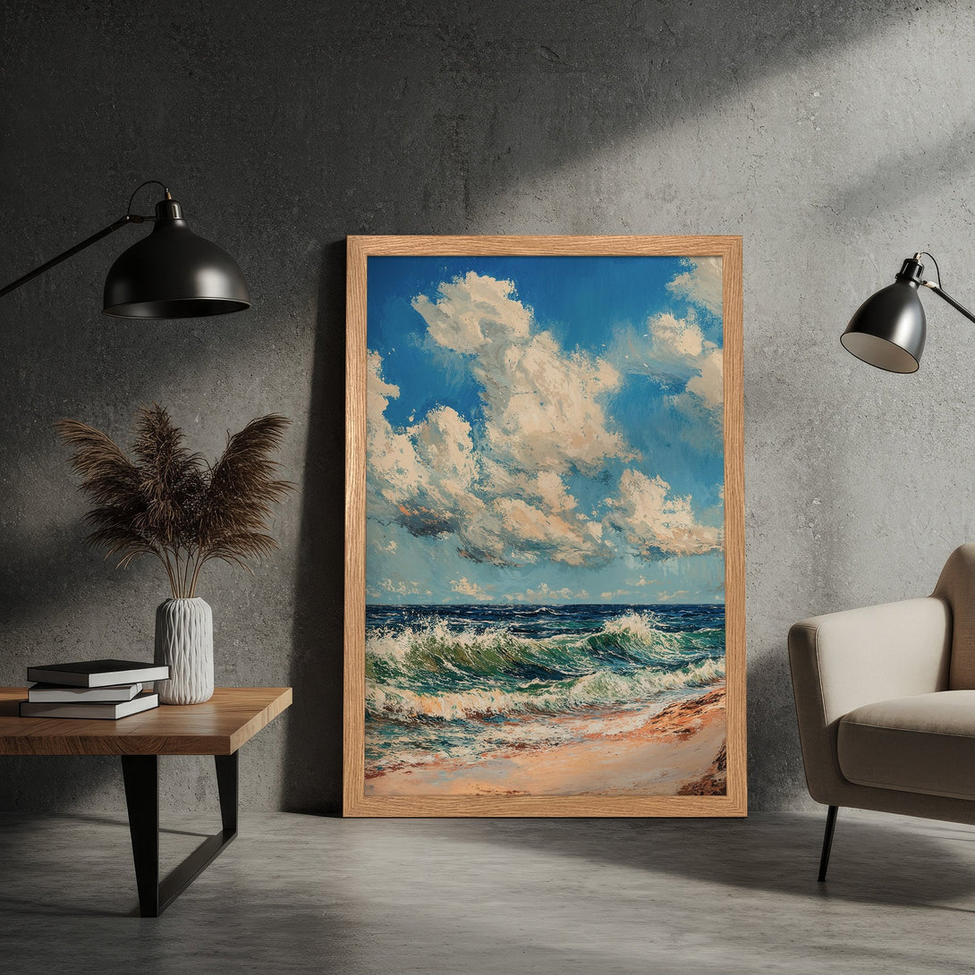 Framed Poster of a beach scene, impressionistic style with blue, white, and sand tones. Add coastal charm to your space!
