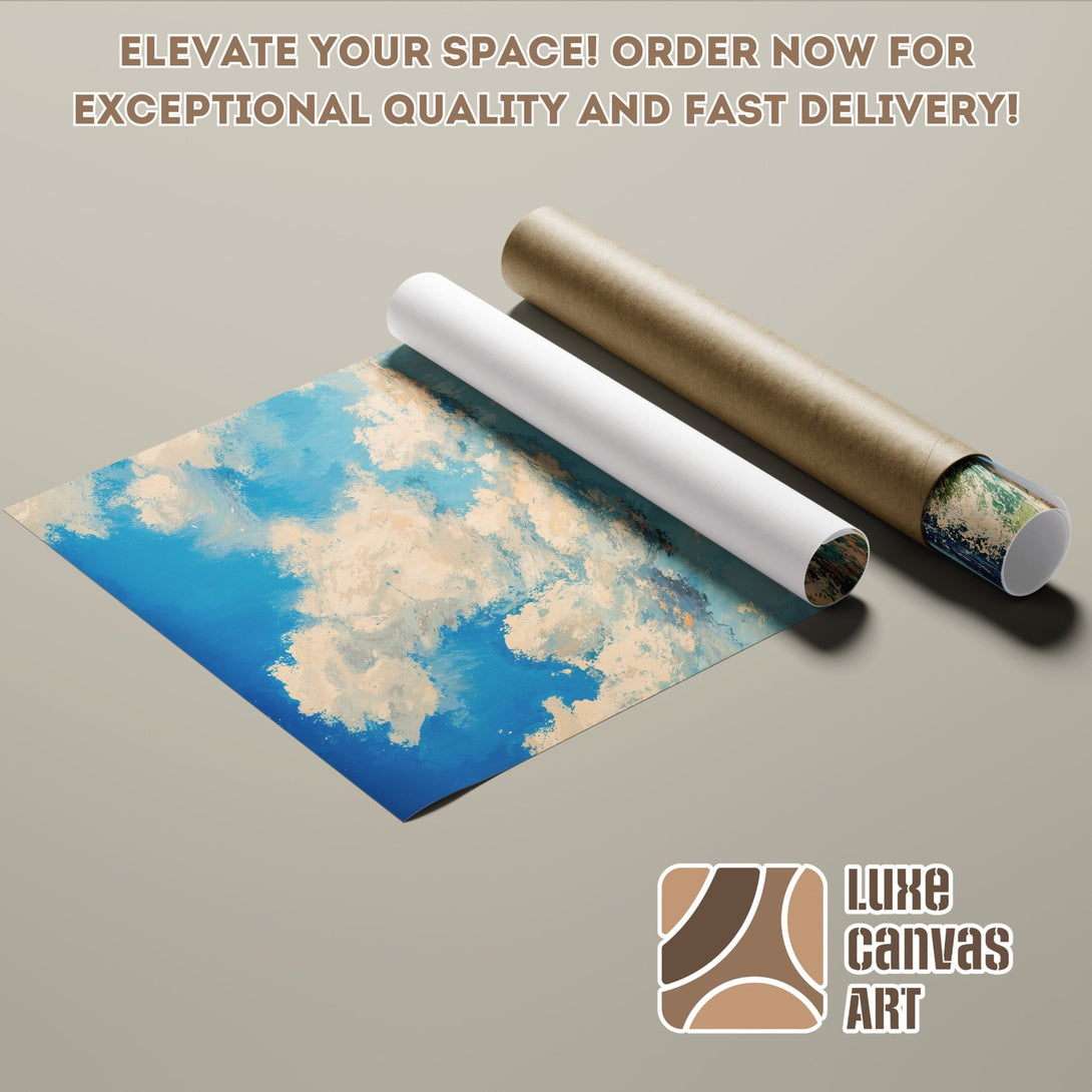 Poster Roll featuring an abstract ocean painting in blue and beige tones. Elevate your space with Luxe Canvas Art!
