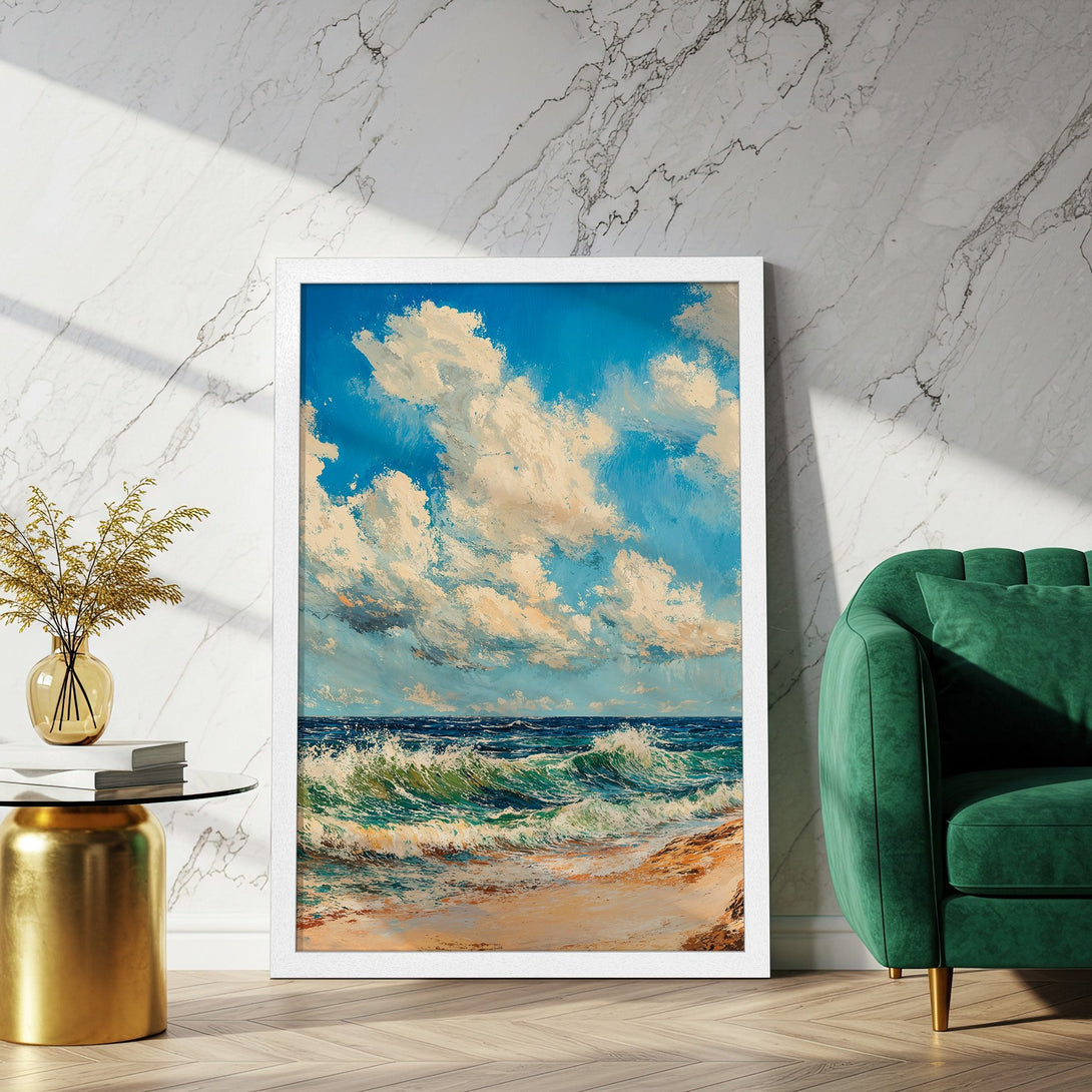 Framed Poster featuring a vibrant beach scene in an impressionistic style with blue, white, and sandy tones. Perfect for coastal decor.