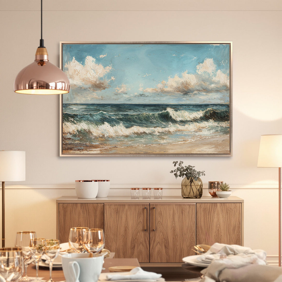 Framed Wall Art: Coastal painting with ocean waves in blue, white, and beige tones. Add a touch of serenity to your home decor!