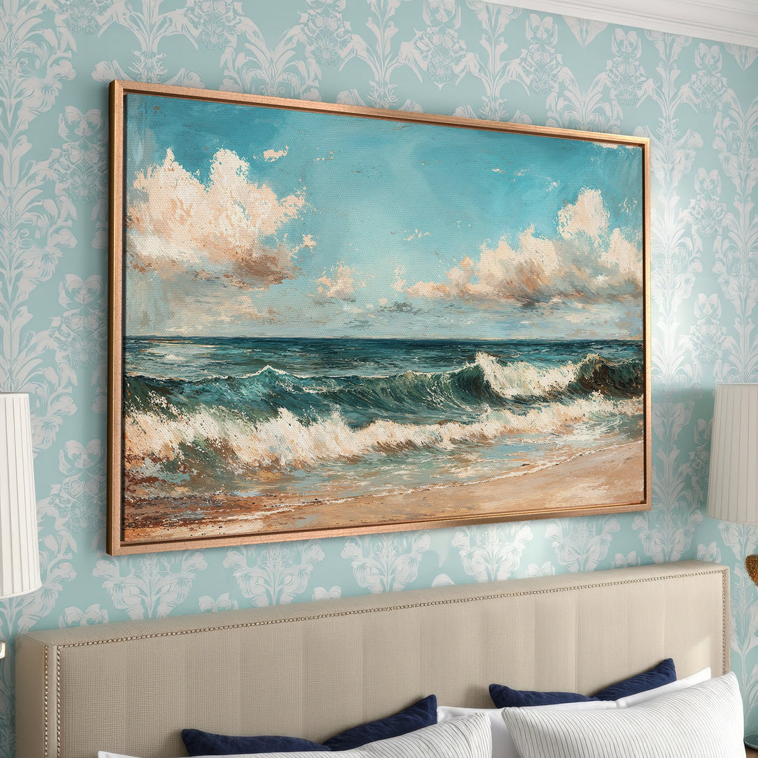 Framed Wall Art: Coastal scene Canvas Print with ocean waves in a vintage style. Features a blue, beige, and brown color palette for a calming bedroom aesthetic.