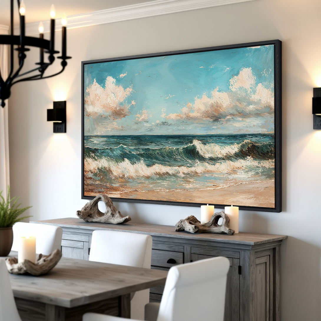 Framed Wall Art: Ocean waves canvas print in coastal style, featuring blue, beige, and white hues. Perfect for a serene living room or dining area.