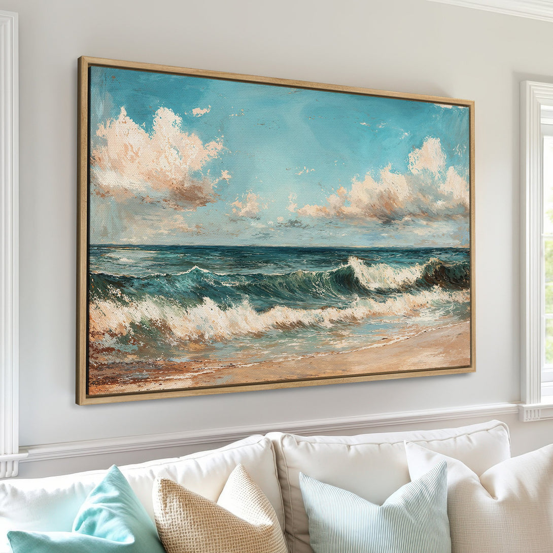 Framed Wall Art: Coastal canvas print of ocean waves in a vintage style, featuring a blue, beige, and teal color palette. Perfect for a serene living room.