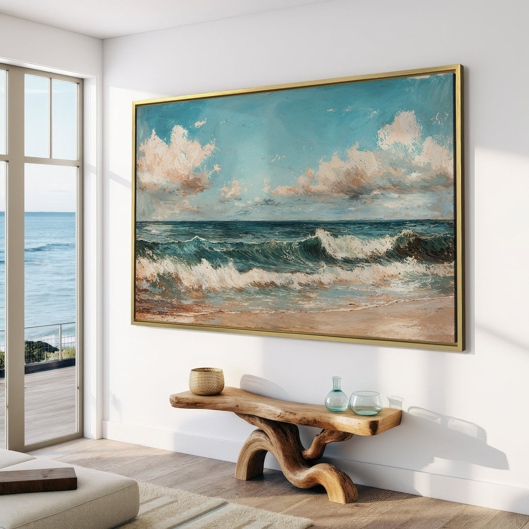 Canvas Print of a serene ocean scene in a vintage style, featuring blue, beige, and white hues. Perfect coastal wall art for your home!