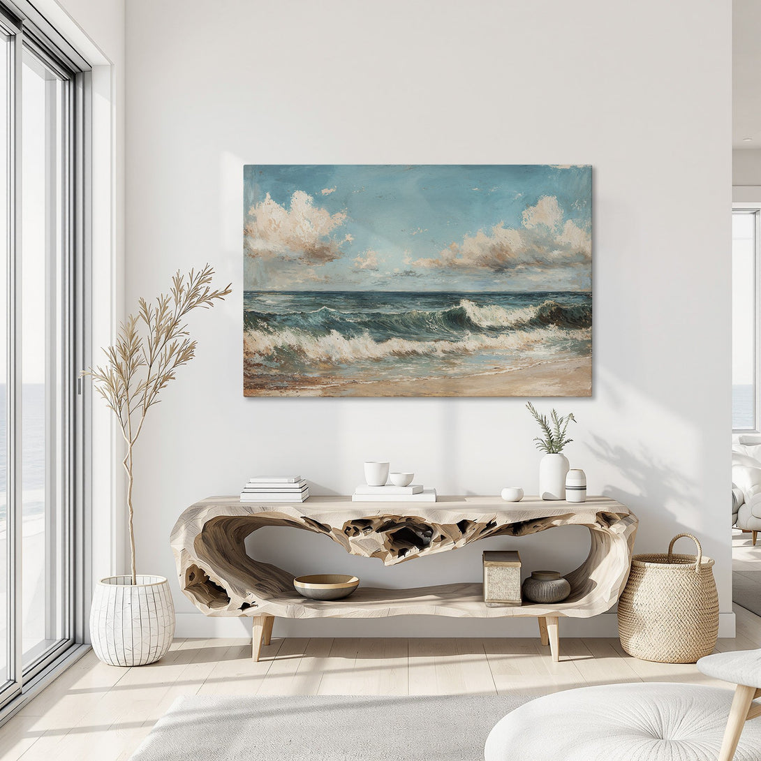 Framed Wall Art: Ocean waves canvas print in a coastal style, featuring a blue, teal, and beige color palette, perfect for adding a touch of serenity to your home.