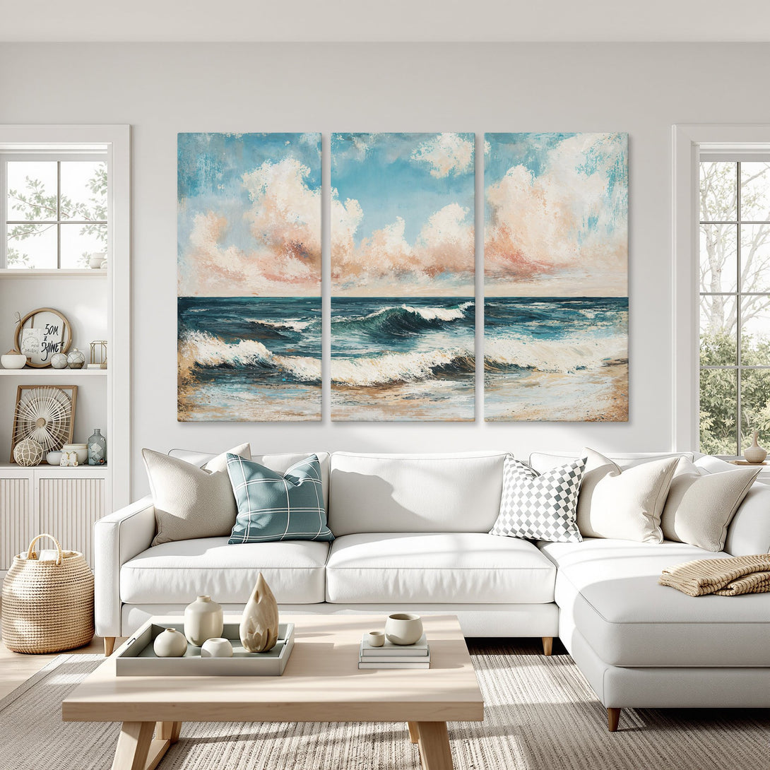 Canvas Print of ocean waves in a coastal style, featuring a blue, beige, and peach color palette. Perfect for living room decor.