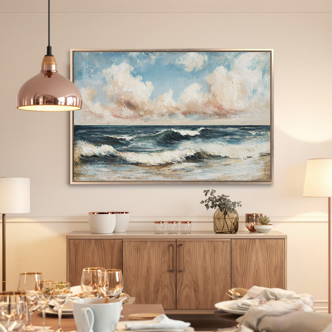 Framed Wall Art: Ocean waves painting in blue, white, and neutral tones. Coastal art style for a calming interior. Shop our canvas prints!