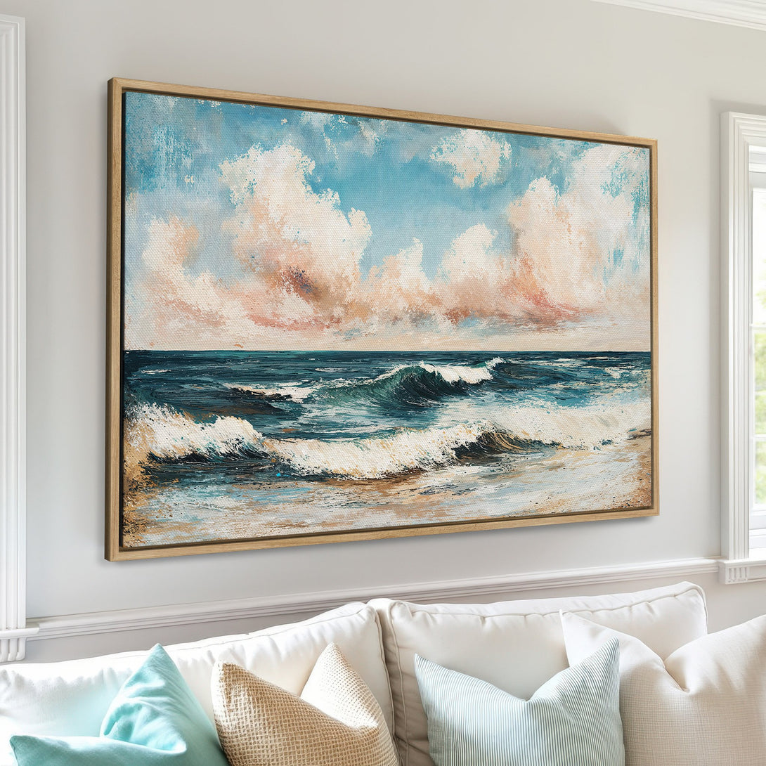 Framed Wall Art: Coastal scene Canvas Print in blue, teal, and peach tones. Abstract ocean waves art adds a serene touch to any interior.