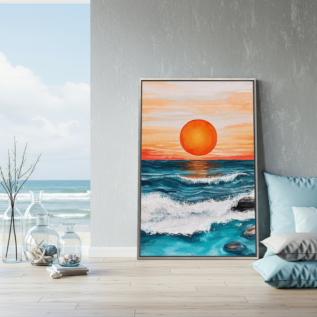Framed Wall Art: Coastal sunset canvas print in vibrant orange, teal, and white. Modern art for a serene home. Shop now for beach-inspired decor!
