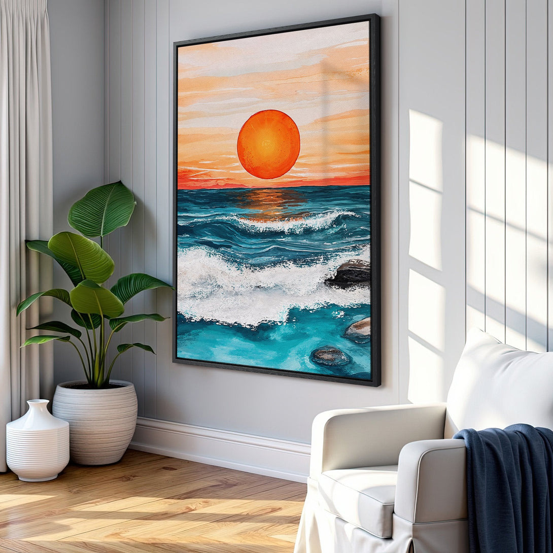 Framed Wall Art featuring an ocean sunset. Coastal art in vibrant orange and teal hues. Perfect for adding a touch of serenity to your home decor.