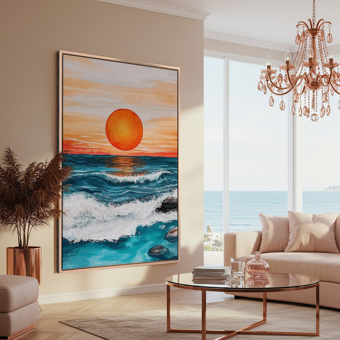 Framed Wall Art: Coastal sunset canvas print with vibrant orange, blue, and teal hues. Perfect for adding a touch of art to any living space.