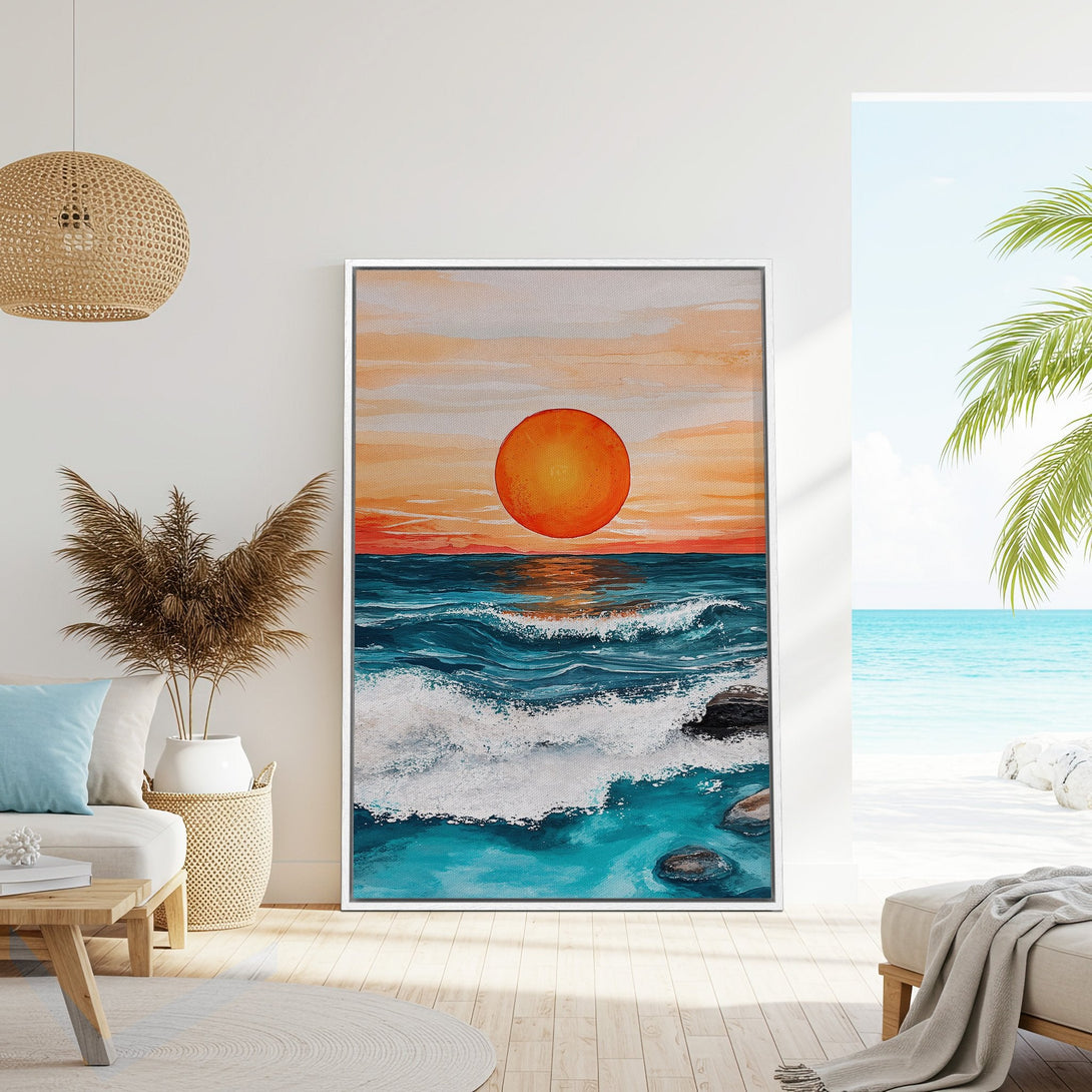 Framed Wall Art: Coastal sunset painting in vibrant orange and teal hues. Bring the beach vibes home! Perfect for modern decor.