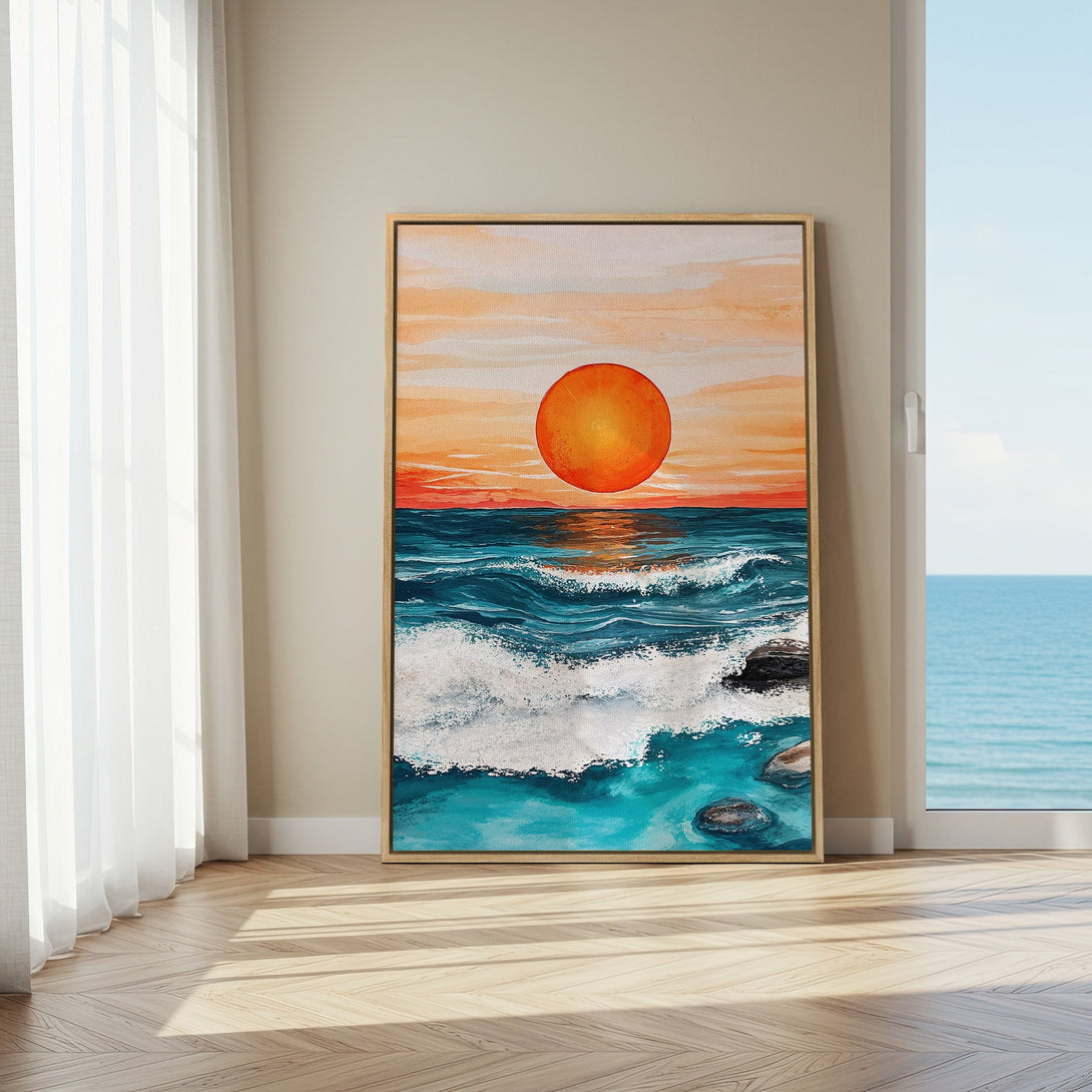 Framed Wall Art: Sunset over ocean canvas print. Coastal art with vibrant orange, teal, and blue hues. Perfect for adding a touch of serenity to your home.