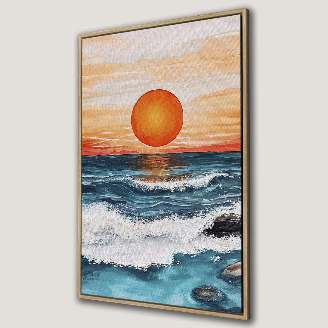 Framed Wall Art: Sunset over ocean canvas print. Coastal artwork with warm orange, blue, and white color palette. Perfect for adding a touch of serenity to any space.
