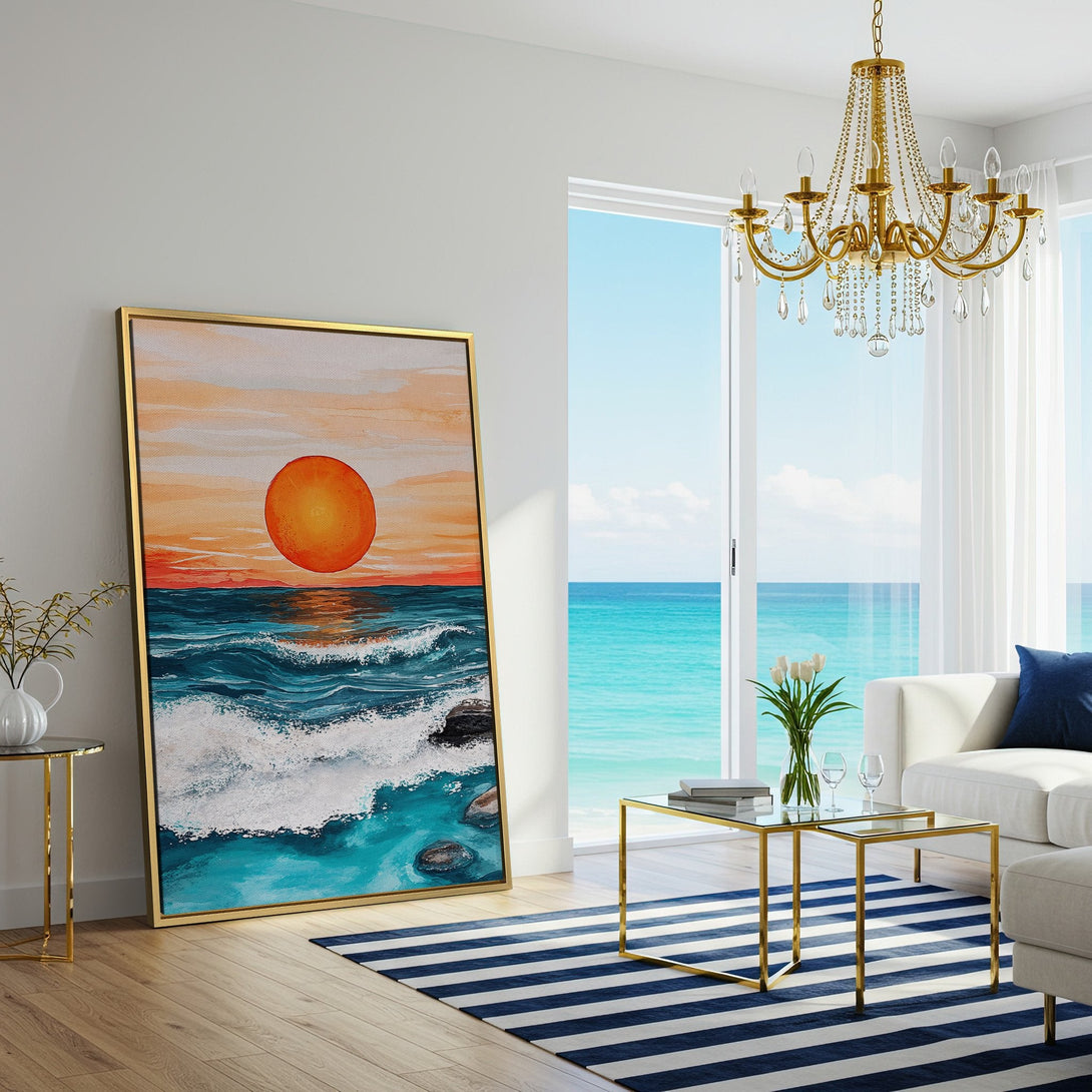 Canvas Print of a sunset over ocean, vibrant orange and teal colors, modern art style, perfect for coastal decor.