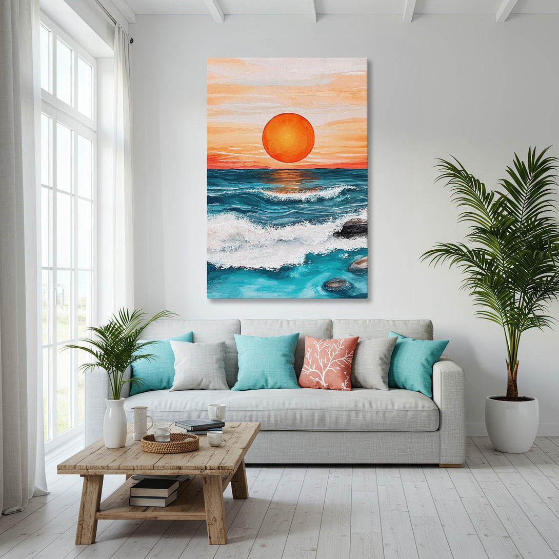 Framed Wall Art: Coastal sunset painting with vibrant orange, teal, and gold hues. Perfect for adding a touch of serenity to your home decor.