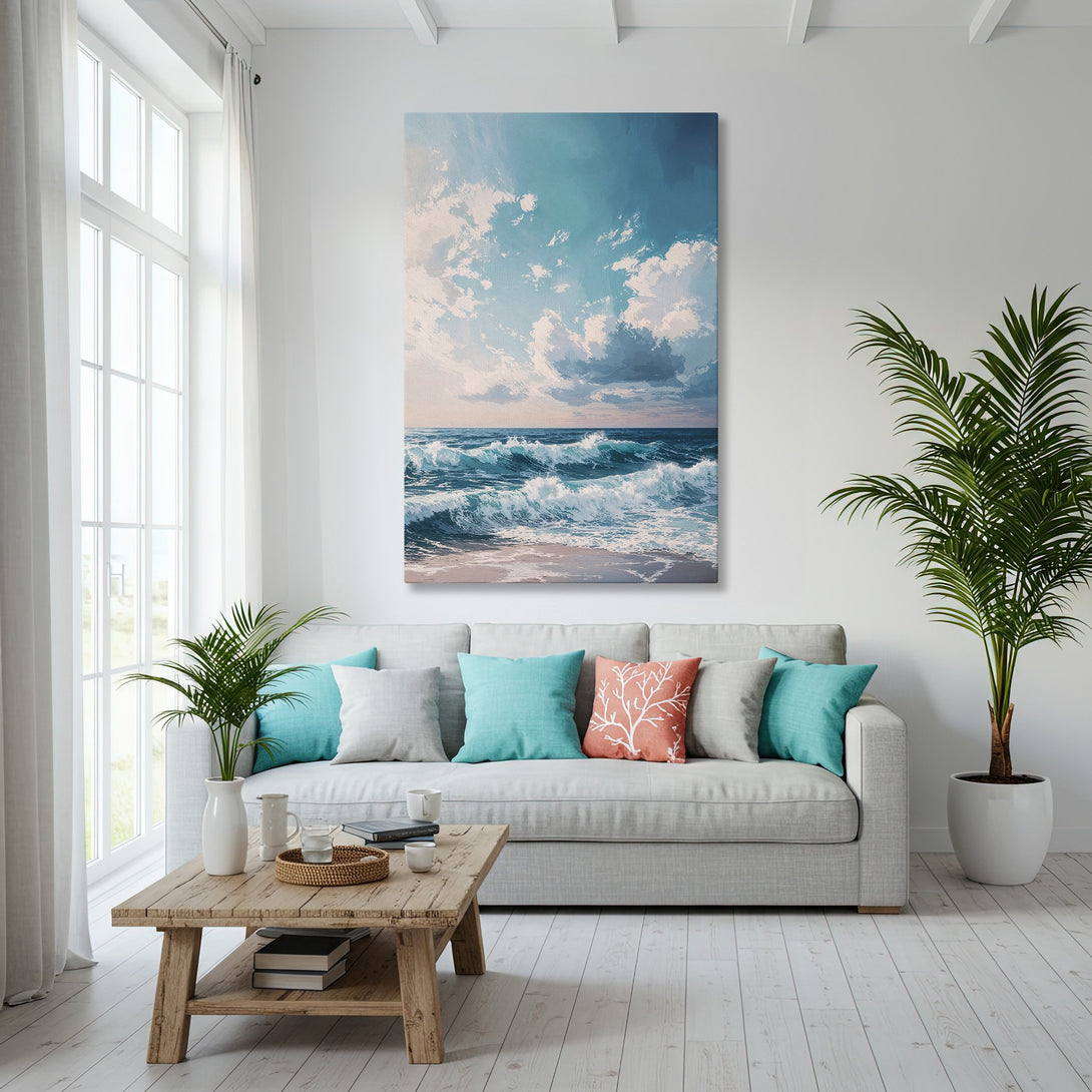Framed Wall Art: Ocean waves canvas print in a coastal living room. Blue and white color palette, perfect for beach house decor.
