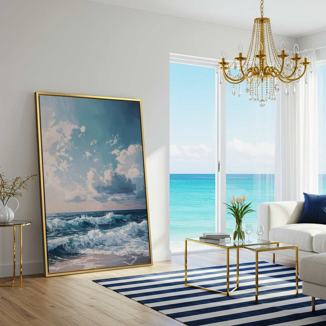 Canvas Print featuring an ocean scene in blue and white tones, displayed in a bright, modern living room. Coastal wall art for a serene space.