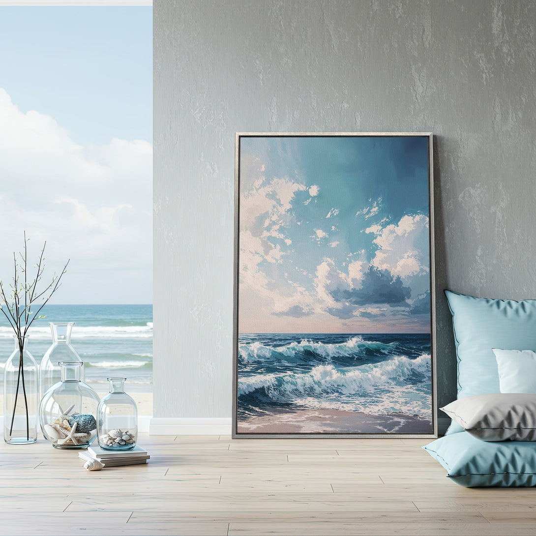 Framed Wall Art: Coastal waves painting in blue and white hues. Perfect for a calming, serene interior. Bring the beach home with this stunning canvas print.