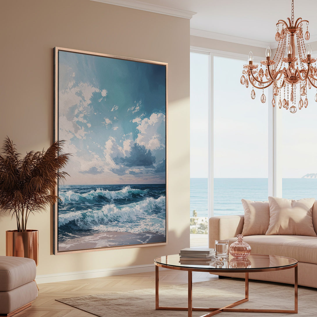 Framed Wall Art featuring a serene ocean wave painting in calming blues and whites. Perfect coastal decor for your living room!