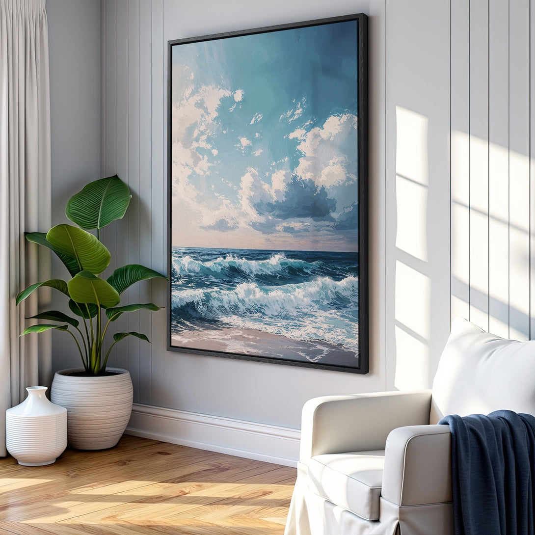 Framed Wall Art: Ocean waves Canvas Print in calming blue and white tones. Coastal artwork perfect for living room decor.