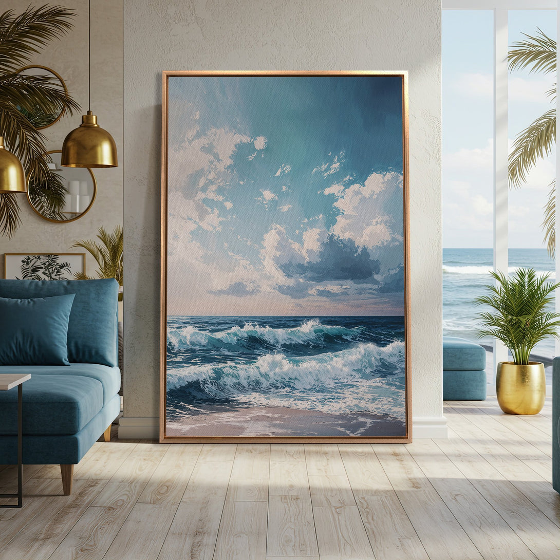 Framed Wall Art: Ocean waves canvas print in a serene blue and white palette. Coastal art for a calming interior. Shop now!