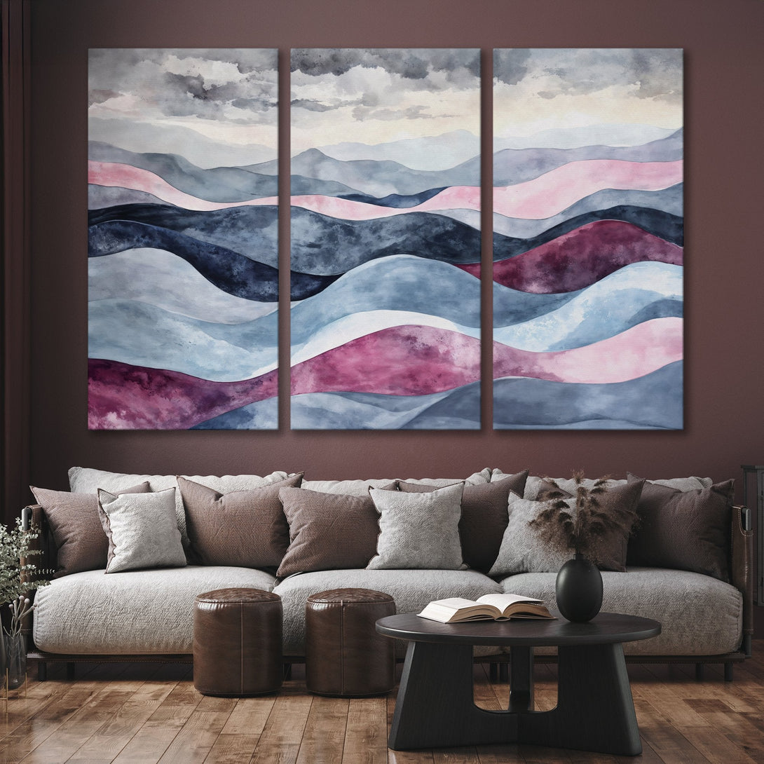 Abstract landscape Canvas Print in watercolor style with shades of blue, pink, and gray. Modern wall art for your living room.