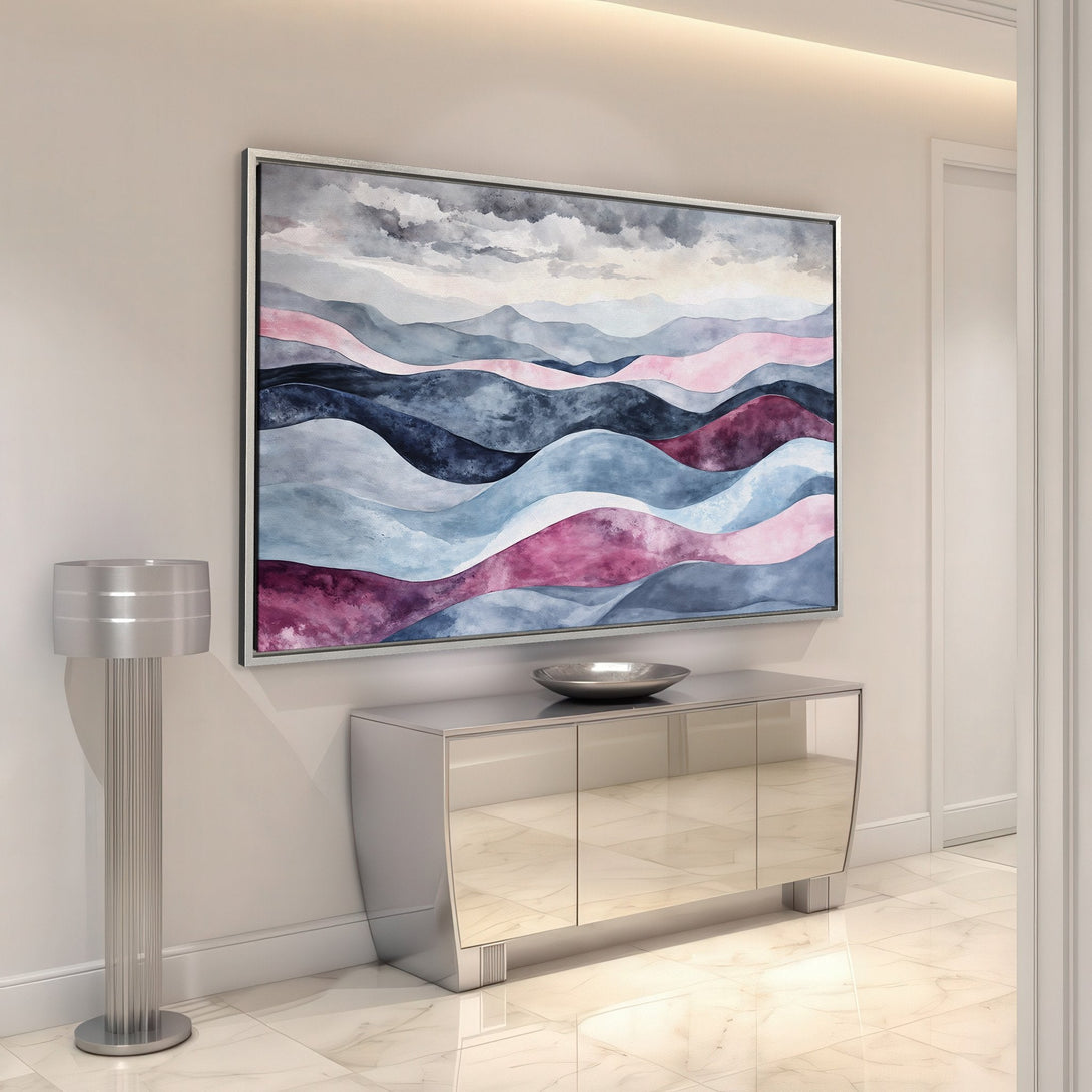 Framed Wall Art featuring an abstract landscape in blue, pink, and purple hues. Modern art for your home decor.
