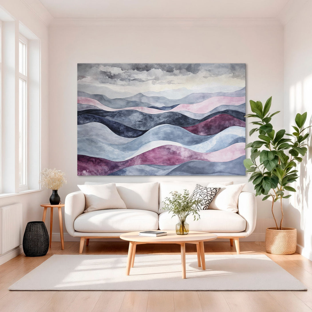 Framed Wall Art: Abstract landscape canvas print with a watercolor style. Features a calming color palette of blues, pinks, and grays, perfect for any interior.
