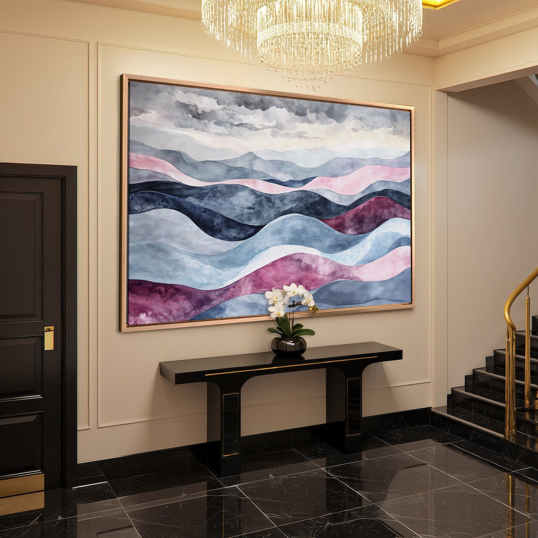 Framed Wall Art featuring an abstract landscape in watercolor style. Soft blue, pink, and gray tones create a calming aesthetic for any interior.