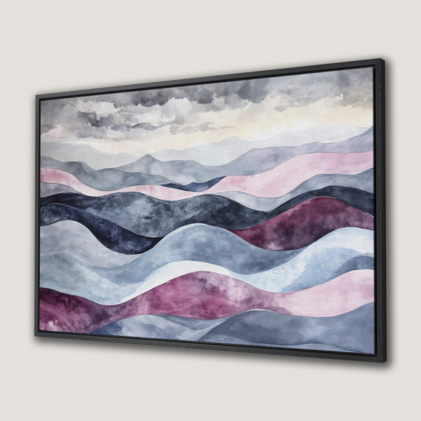 Framed Wall Art: Abstract watercolor landscape in muted blues, pinks, and purples. Modern art canvas print for a calming interior.