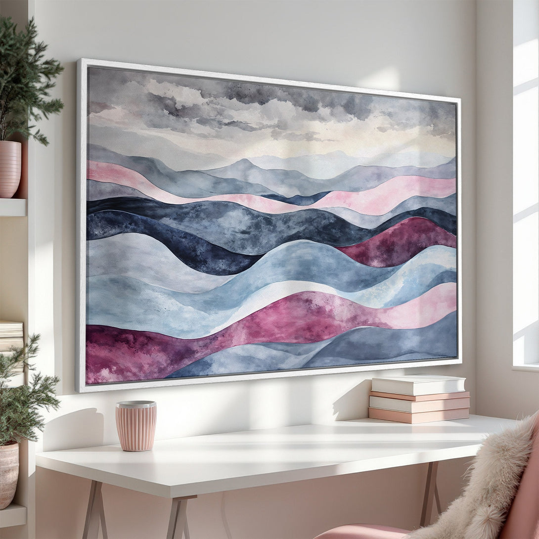 Framed Wall Art: Abstract watercolor landscape in blue, pink, and gray. Add a touch of modern art to your space with this beautiful canvas print.