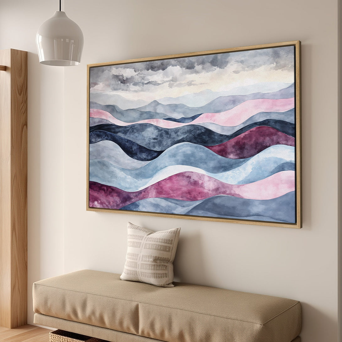 Framed Wall Art: Abstract landscape Canvas Print in watercolor style. Features a calming palette of blues, pinks, and grays, perfect for any interior.