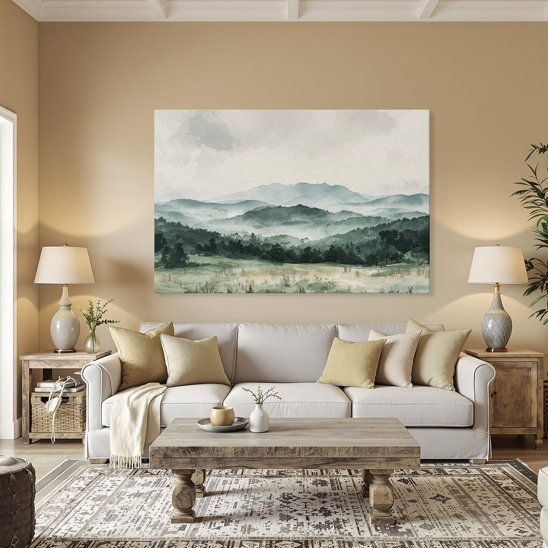 Framed Wall Art: Serene mountain landscape Canvas Print in muted greens. Perfect for adding a touch of nature-inspired tranquility to your home.