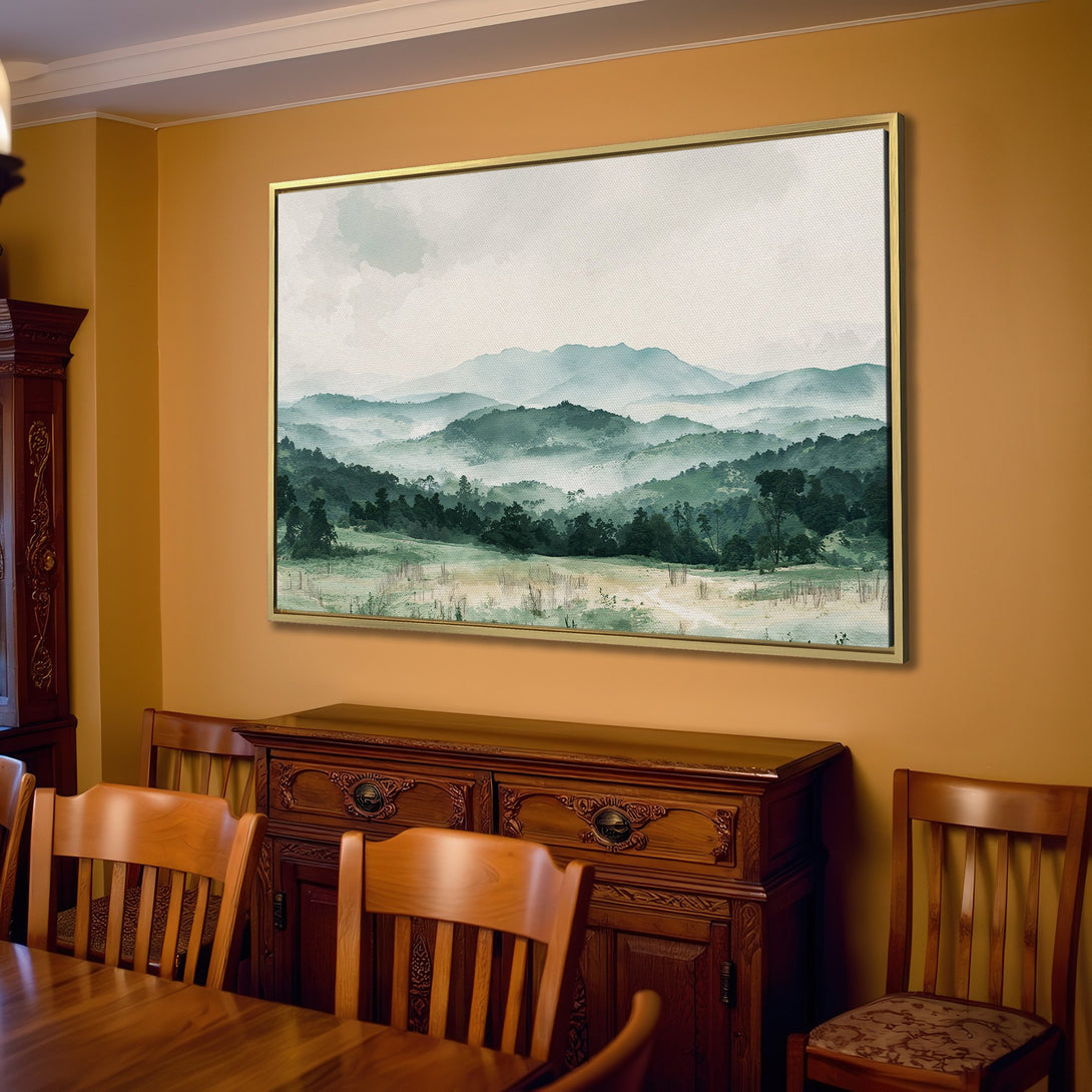 Canvas Print of serene mountain landscape in muted green and blue tones, perfect for adding a touch of nature to your home.