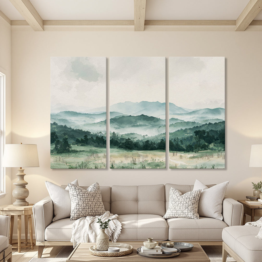 Canvas Print of a serene watercolor landscape in calming green and blue hues, perfect for adding a touch of nature to your home decor.