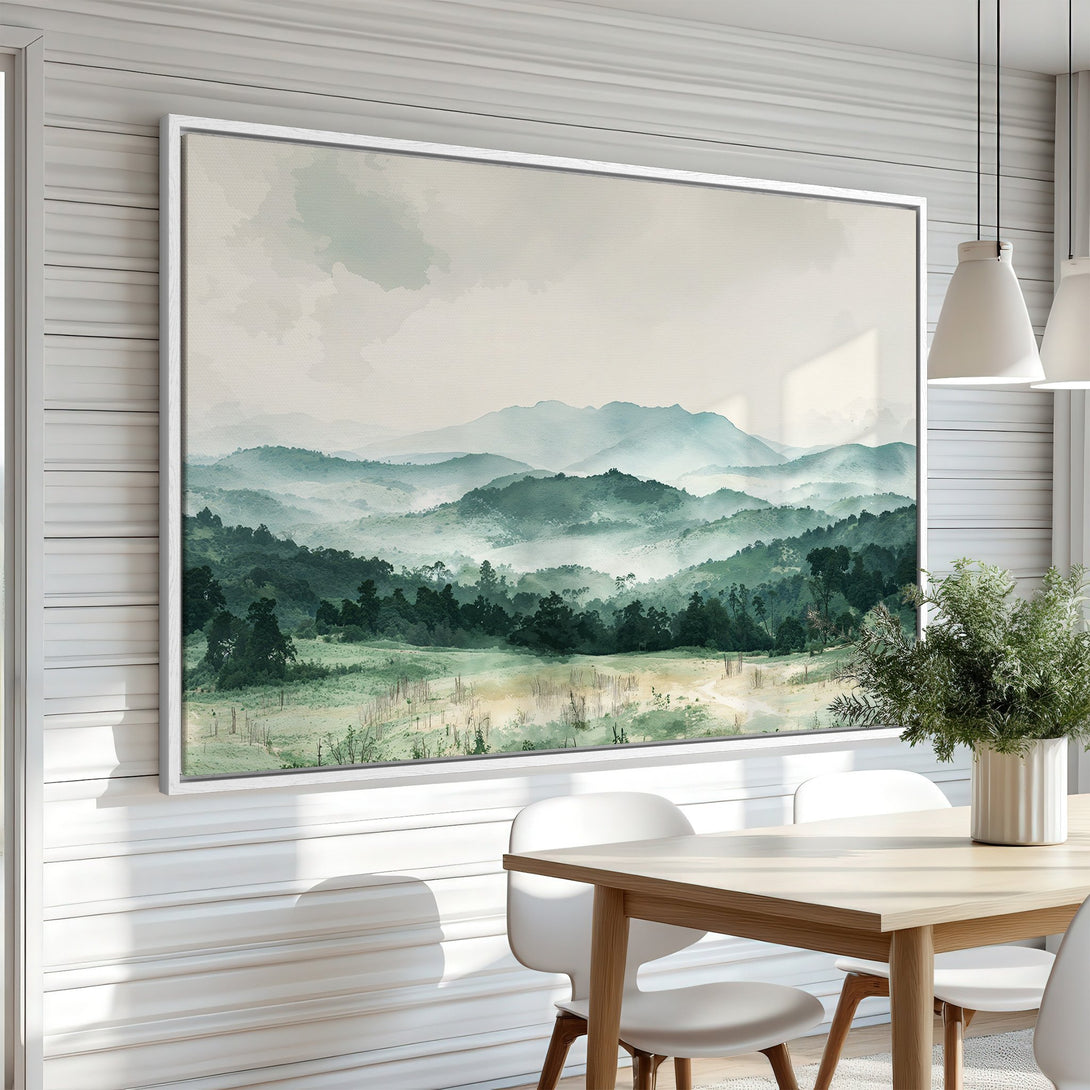 Framed Wall Art: Serene watercolor landscape Canvas Print in calming green and blue tones, perfect for adding a touch of nature to your home decor.