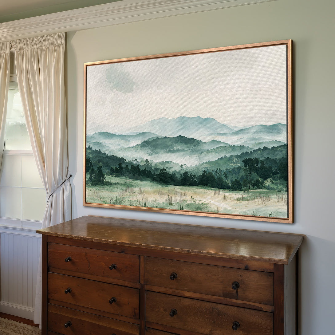 Framed Wall Art: Serene landscape Canvas Print in watercolor style. Features a calming green and blue mountain scene, perfect for adding tranquility to any room.