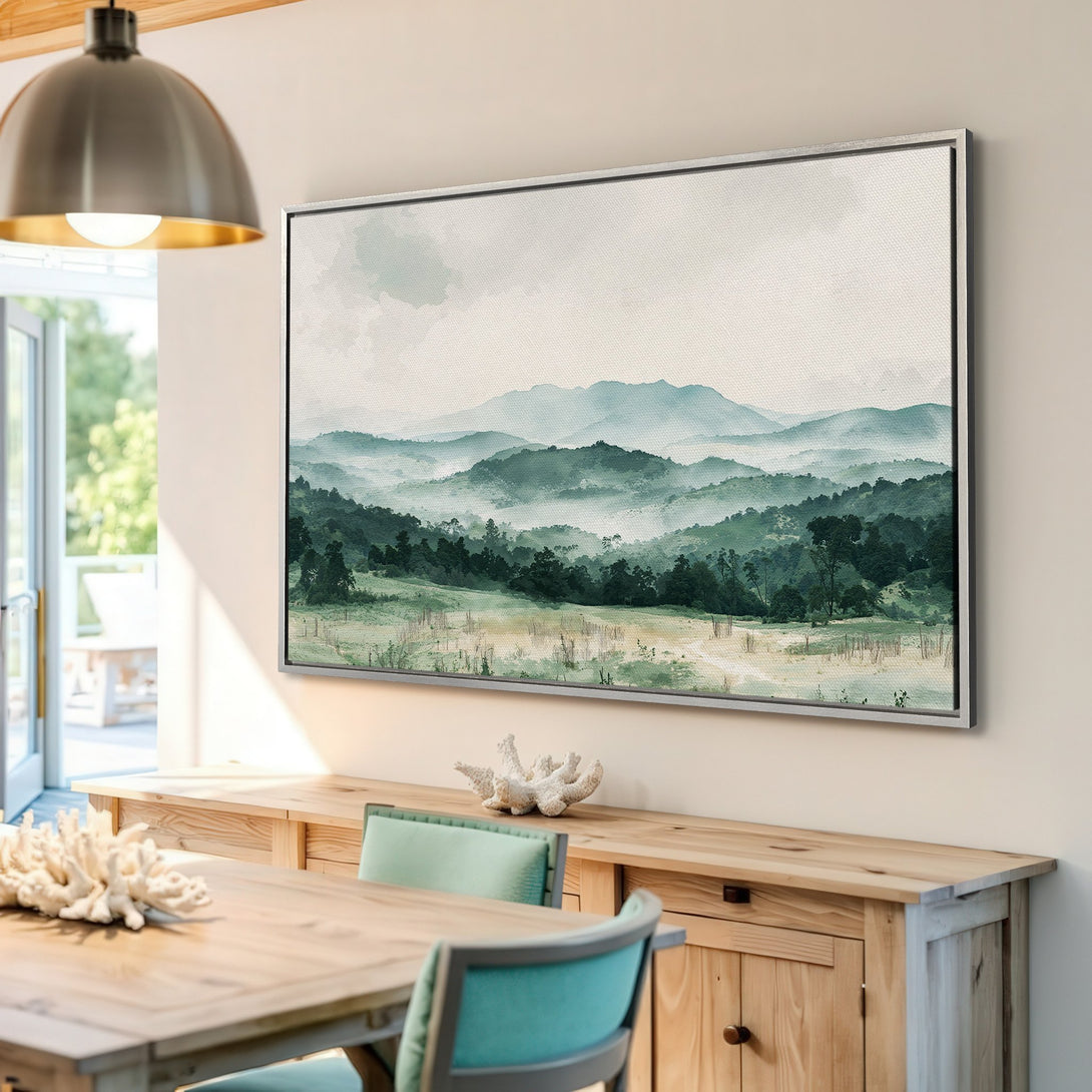 Framed Wall Art: Watercolor landscape Canvas Print in serene green and blue tones. Perfect for adding a touch of nature to your home decor.
