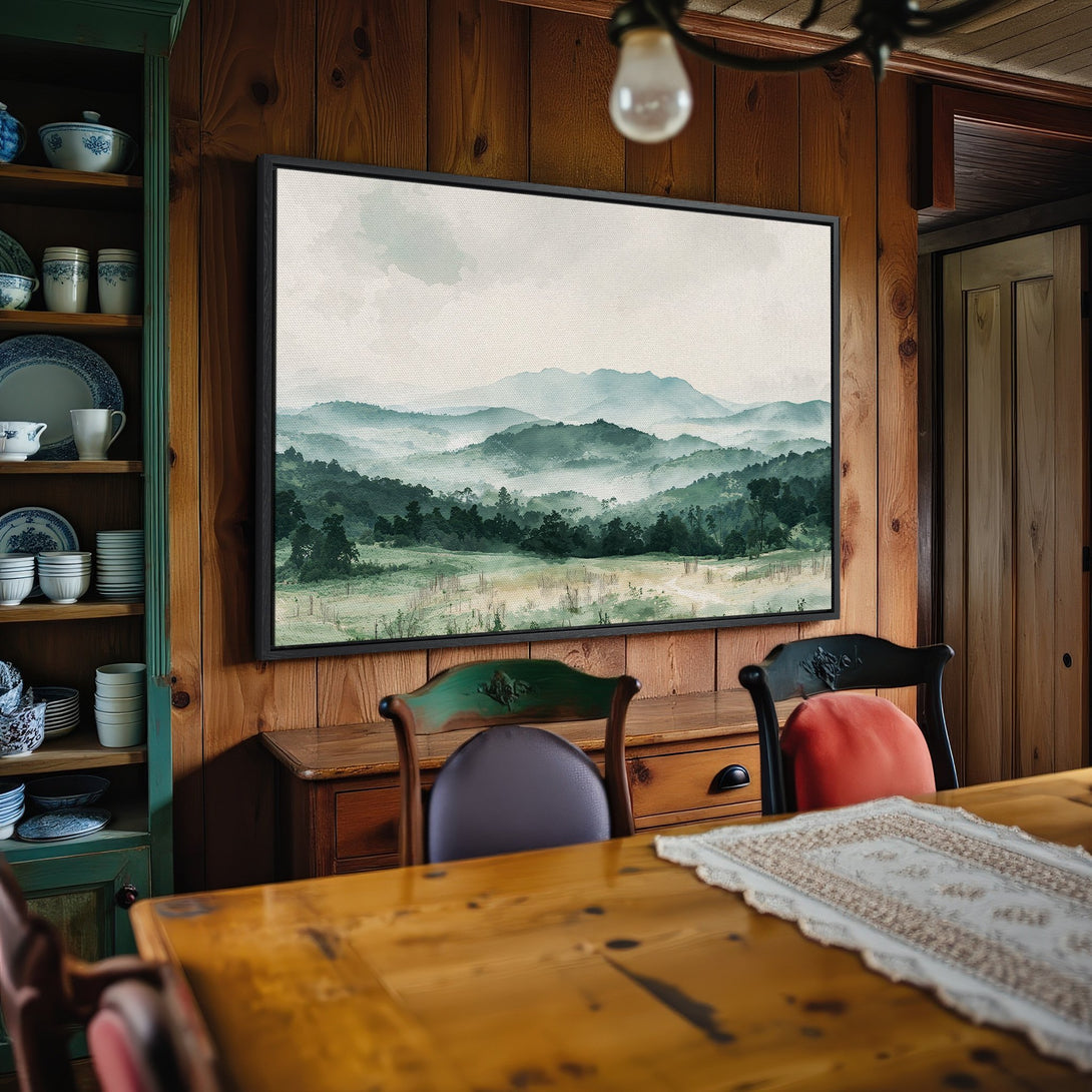 Framed Wall Art: Serene mountain landscape Canvas Print in muted green tones, perfect for adding a touch of nature to your home decor.