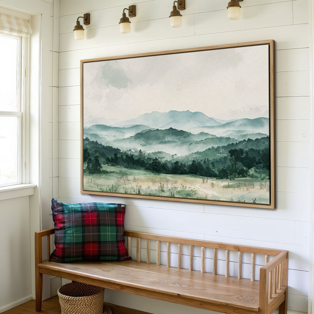 Framed Wall Art: Serene watercolor landscape Canvas Print in green and neutral tones. Perfect for adding a touch of nature-inspired art to your home decor.