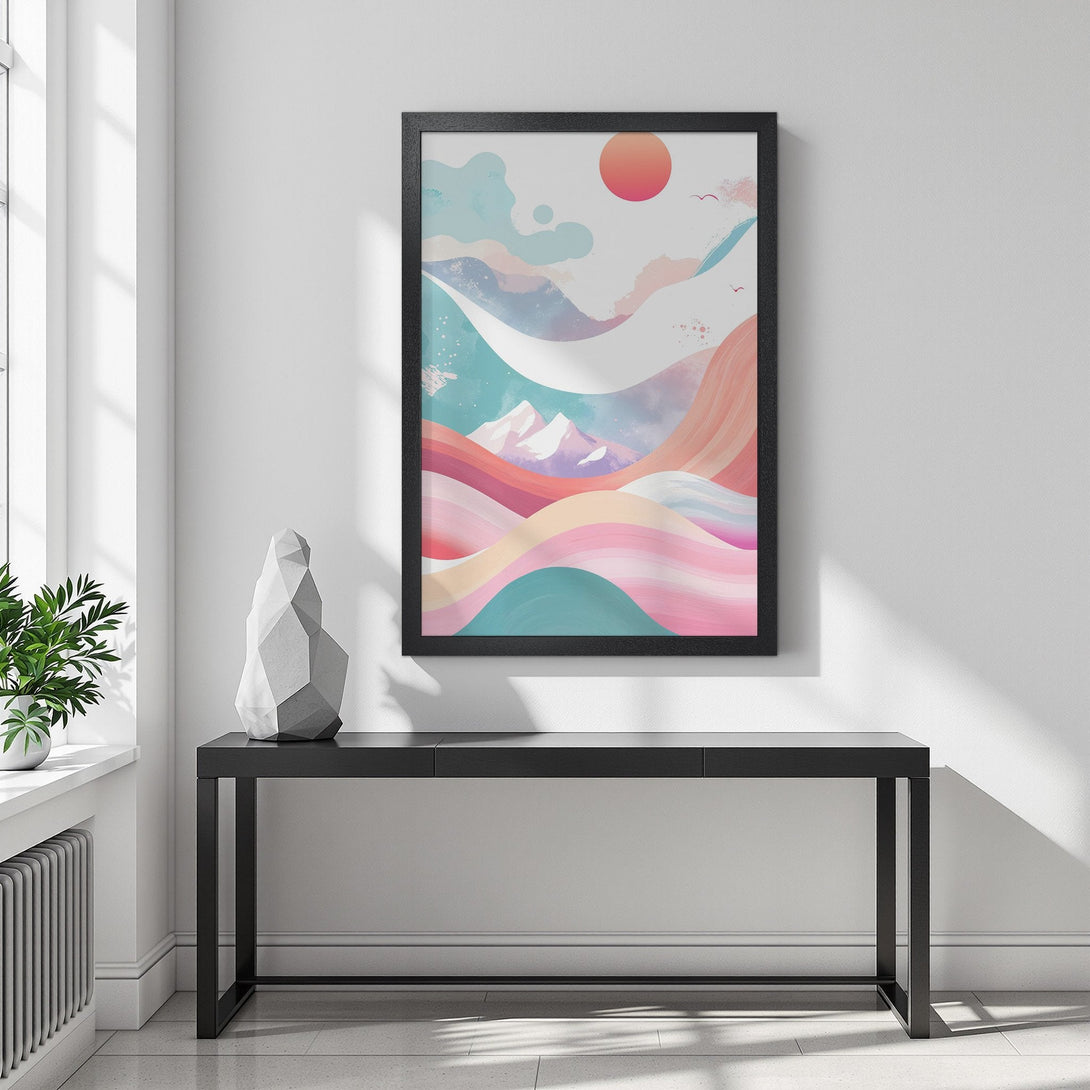 Framed Poster featuring abstract landscape art with a pastel color palette. Perfect wall decor for any room.