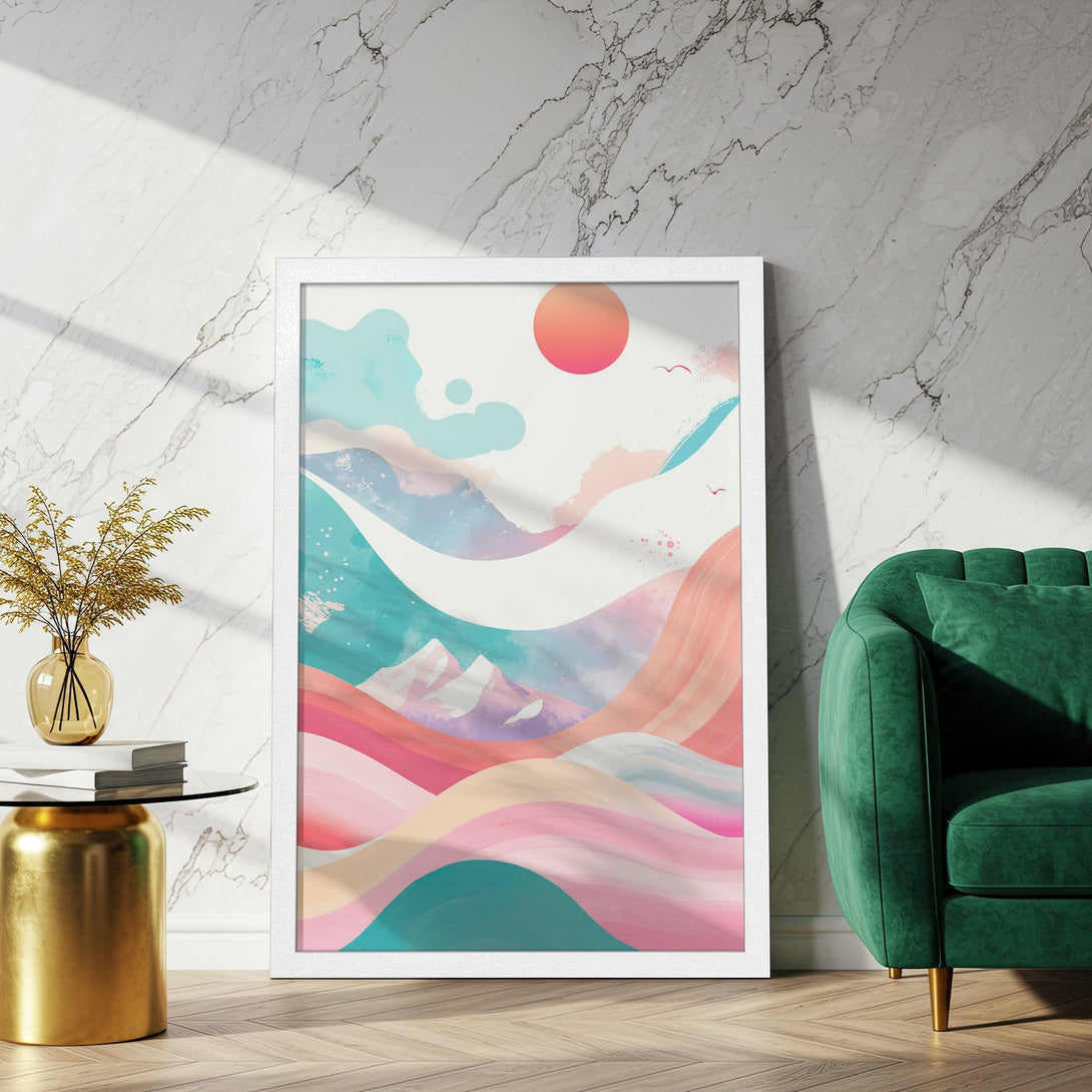 Framed Poster featuring abstract landscape art in pastel pink, teal, and peach tones. Modern wall decor for a stylish home.