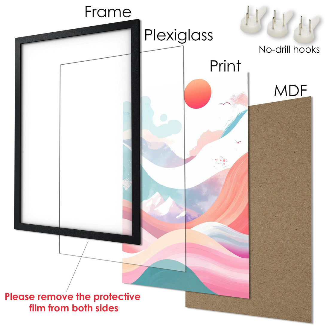 Framed Poster featuring abstract landscape art in pastel pinks, blues, and oranges. Modern wall decor.